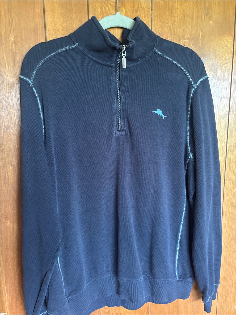 Tommy Bahama Navy Half-Zip Sweater with Light Blue Dolphin Logo